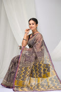 Purple & Yellow Paisley Bagru Hand Block Print Kota Doriya Silk Saree With Blouse Piece