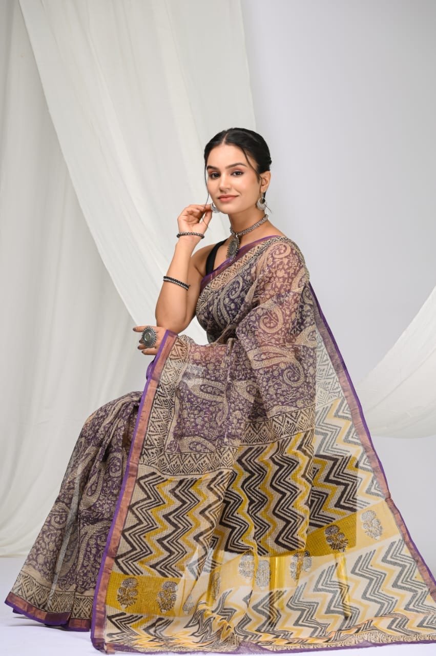 Purple and yellow saree with paisley and chevron motifs, lightweight Kota Doriya silk