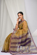Mustard Yellow & Purple Floral Bagru Hand Block Print Kota Doriya Silk Saree With Blouse Piece
