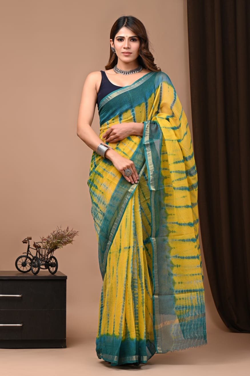 Yellow and teal striped Kota Doriya silk saree with Bagru hand block print