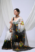 Black & White Floral Bagru Hand Block Print Kota Doriya Silk Saree With Blouse Piece