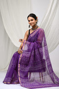 Purple & White Geometric Bagru Hand Block Print Kota Doriya Silk Saree With Blouse Piece