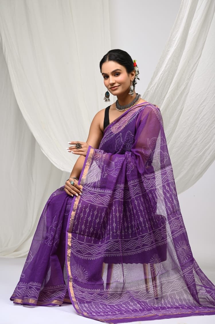 Purple saree with geometric hand block print and golden border