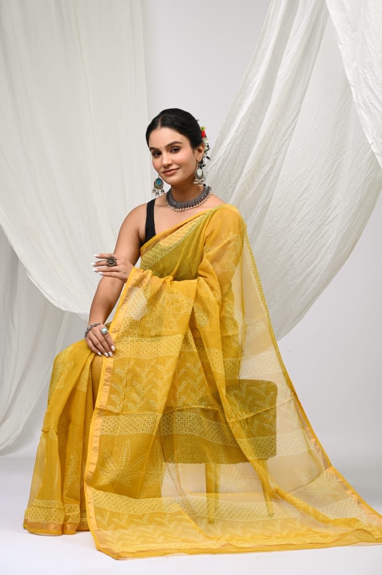 Yellow saree with leaf motifs, Bagru hand block print design