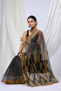 Black & Mustard Geometric Bagru Hand Block Print Kota Doriya Silk Saree With Blouse Piece