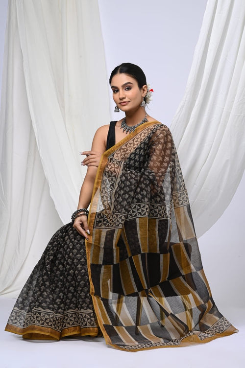 Black & Mustard Geometric Bagru Hand Block Print Kota Doriya Silk Saree With Blouse Piece