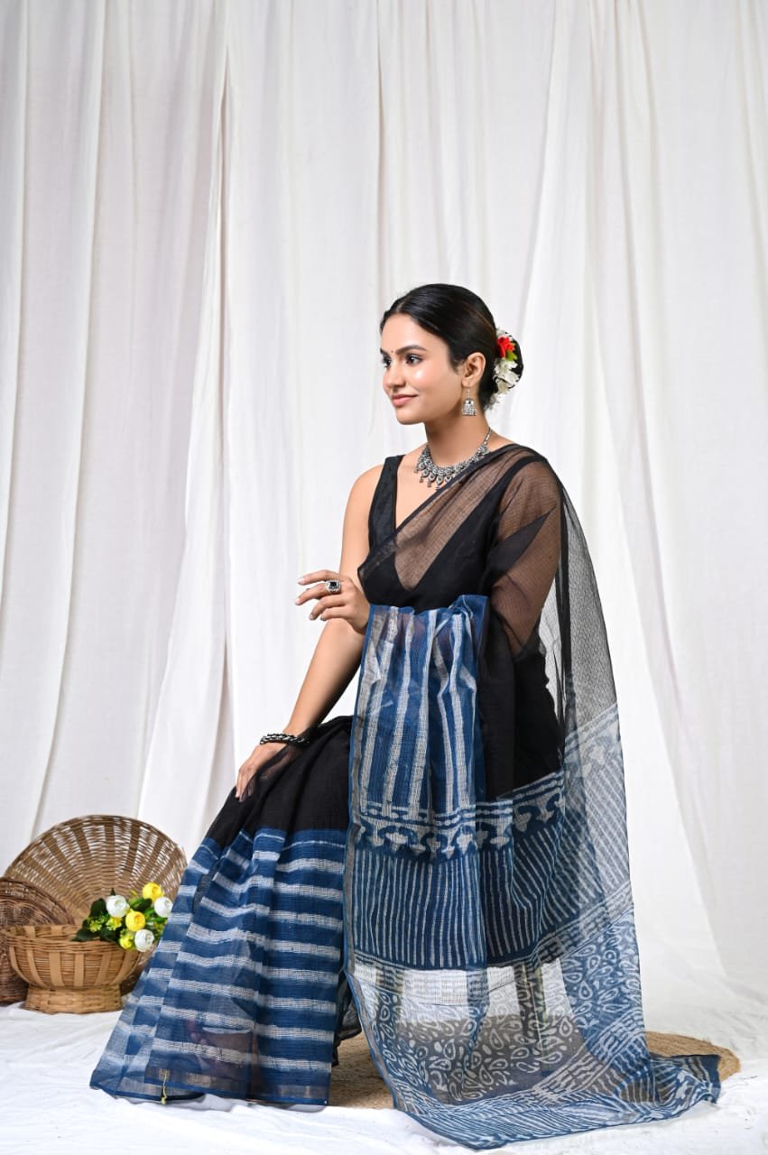 Navy blue and white striped Kota Doriya saree with Bagru block print design