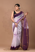 Purple & White Tie-Dye Shibori Bagru Hand Block Print Kota Doriya Silk Saree With Blouse Piece