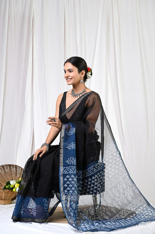 Black & Blue Floral Bagru Hand Block Print Kota Doriya Silk Saree With Blouse Piece
