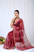 Maroon & Off-White Geometric Bagru Hand Block Print Kota Doriya Silk Saree With Blouse Piece
