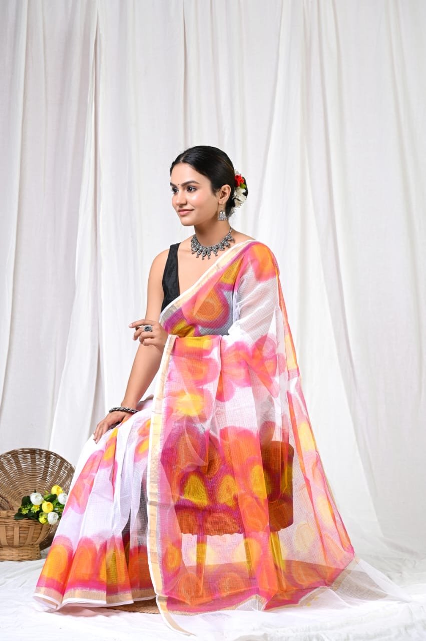 Pink, orange, and yellow floral Bagru hand block print saree