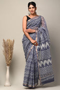 Indigo saree with geometric Bagru hand block print motifs in Kota Doriya fabric
