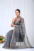 Grey & Off-White Geometric Motif Bagru Hand Block Print Kota Doriya Silk Saree With Blouse Piece
