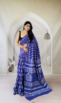 Blue saree with floral and geometric Bagru hand block print design