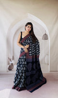 Navy and white floral motif saree with maroon border in Bagru hand block print