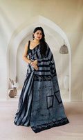Grey saree with black stripes and geometric motifs in Bagru hand block print