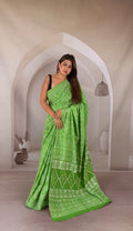 Green saree with geometric and buta motifs, Bagru hand block print