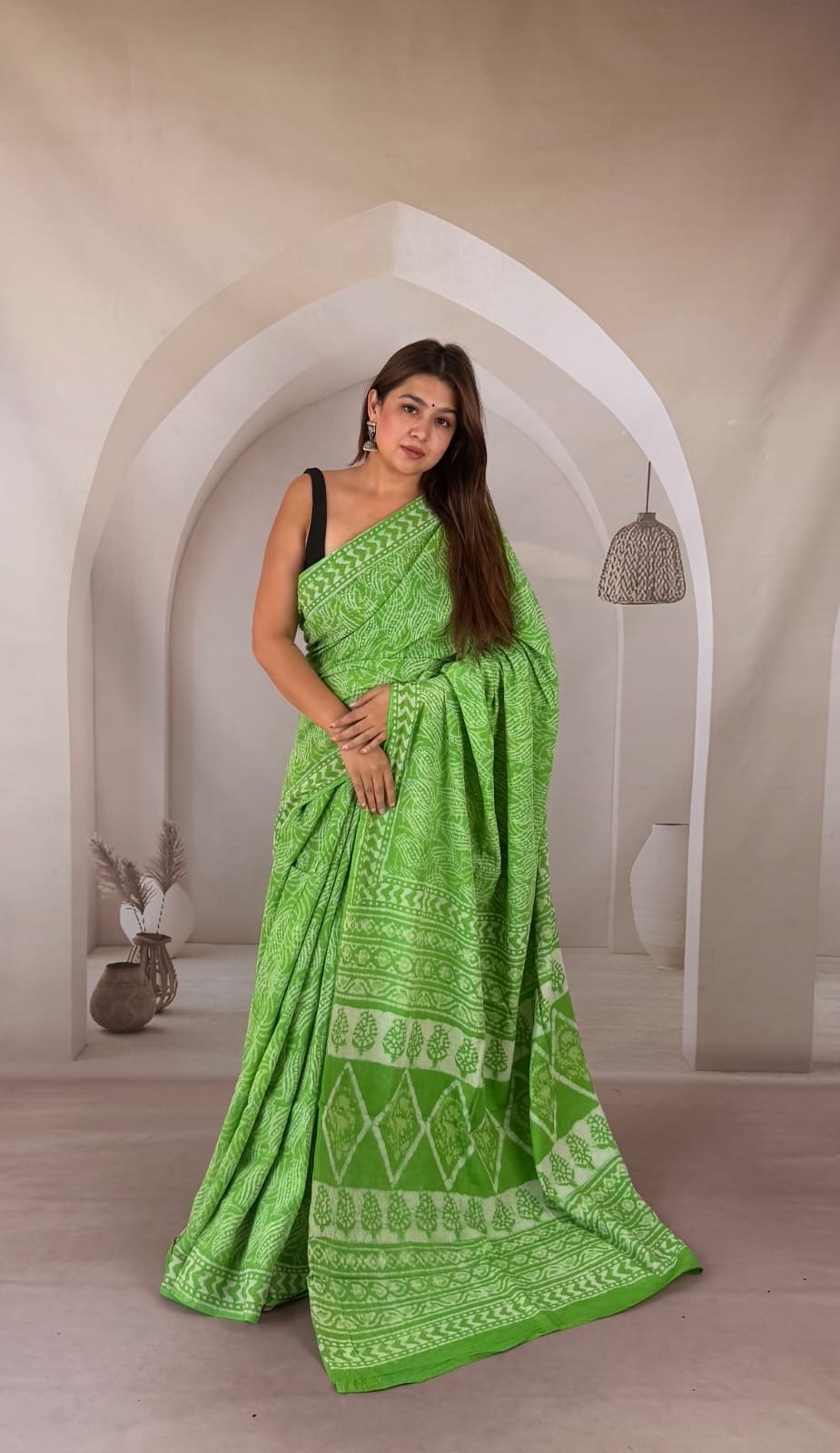 Green saree with geometric and buta motifs, Bagru hand block print