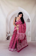 Red saree with geometric patterns and traditional Bagru hand block print