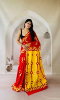 Red and yellow saree with geometric Bagru hand block print design