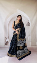 Navy blue saree with floral and geometric motifs in Bagru print