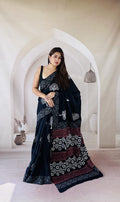 Navy blue saree with floral and geometric motifs using Bagru block print