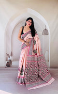 Pink saree with floral motifs and Bagru hand block print design