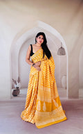 Yellow saree with floral and geometric patterns, Bagru hand block print