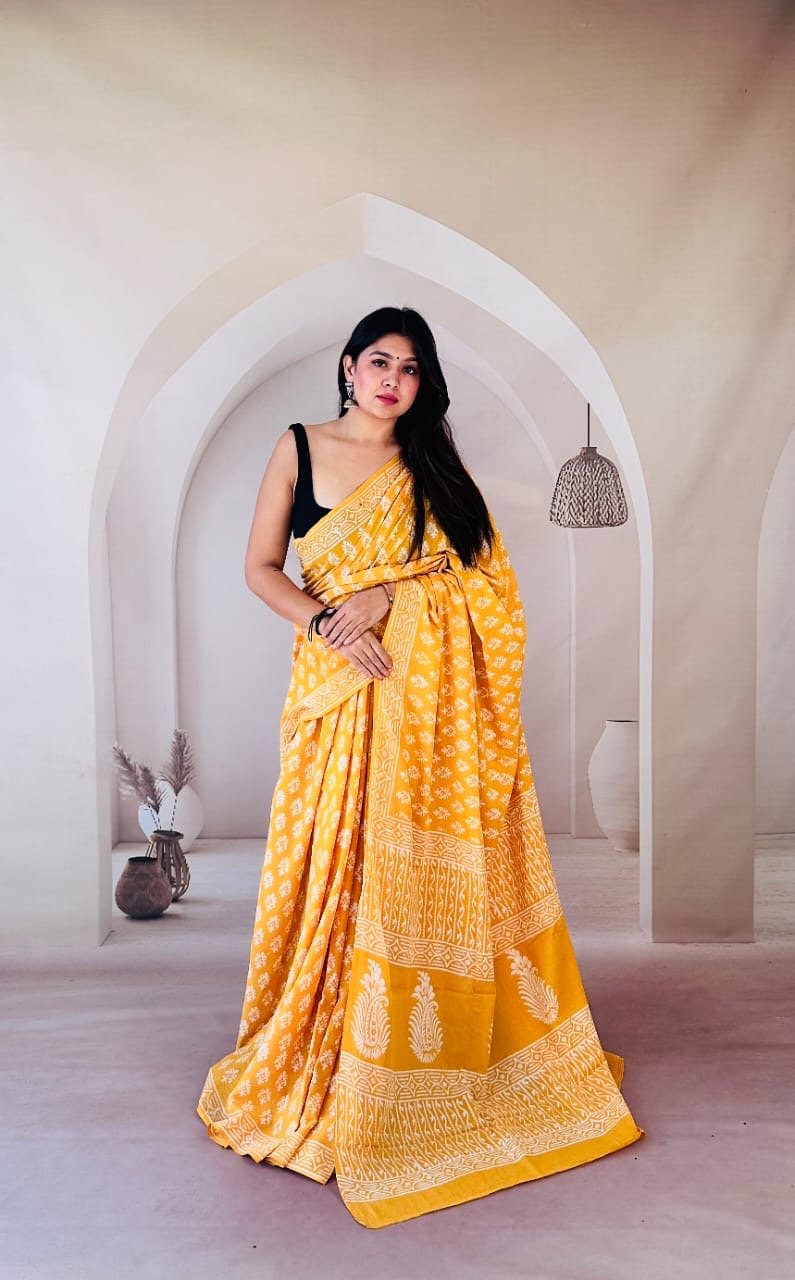 Yellow saree with floral and geometric patterns, Bagru hand block print