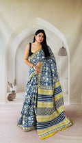 Blue and yellow Bagru hand block print saree featuring floral and geometric motifs