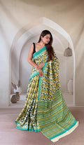 Yellow floral and green striped Bagru hand block print Mul Cotton saree