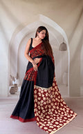 Black and maroon floral Bagru hand block print saree