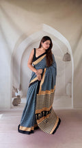 Blue and beige Bagru saree with geometric and striped motifs
