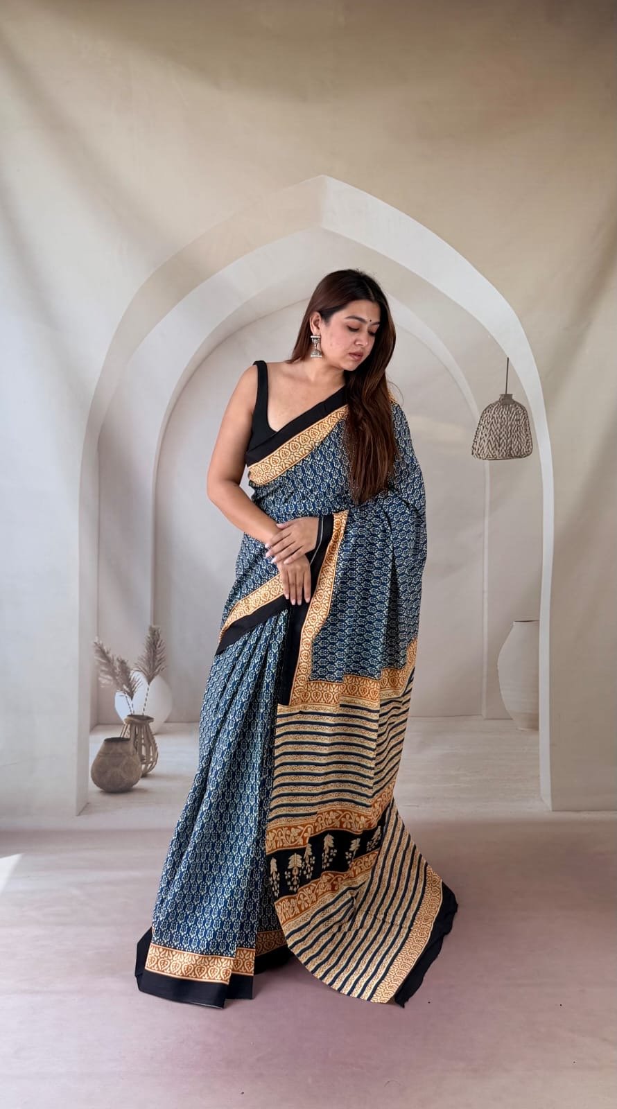 Blue and beige Bagru saree with geometric and striped motifs