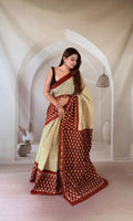 Maroon Bagru saree with stripes and buta motifs in natural dyes