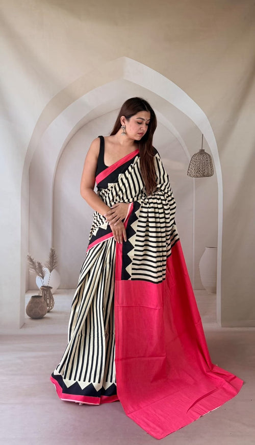 Black & Cream Striped Bagru Hand Block Print Mul Cotton Saree With Blouse Piece