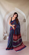 Navy and red Bagru hand block printed saree with floral and geometric motifs