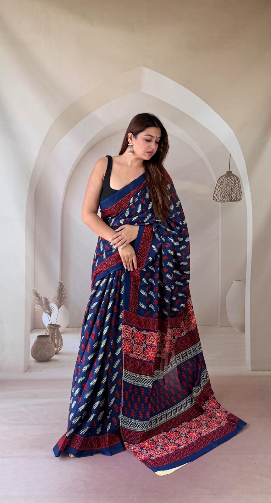 Navy and red Bagru hand block printed saree with floral and geometric motifs