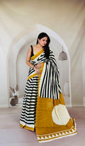 Black and mustard striped saree with geometric patterns in Mul Cotton fabric