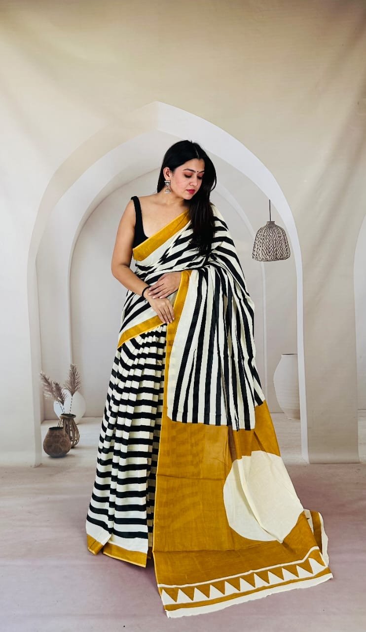 Black and mustard striped saree with geometric patterns in Mul Cotton fabric