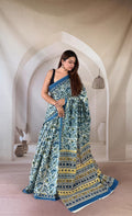 Blue saree with floral and geometric motifs in Bagru hand block print