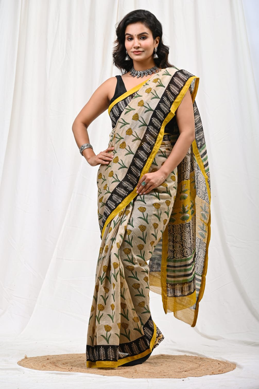 Saree in yellow floral motifs, Bagru print on Chanderi silk