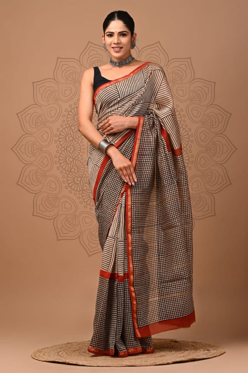 Black & Maroon Geometric Bagru Hand Block Print Chanderi Silk Saree With Blouse Piece