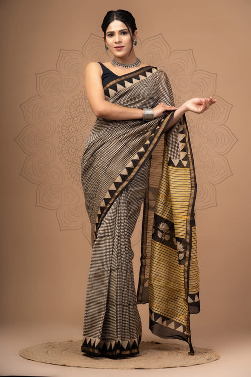 Black & Beige Geometric Khat Check Bagru Hand Block Print Chanderi Silk Saree With Blouse Piece