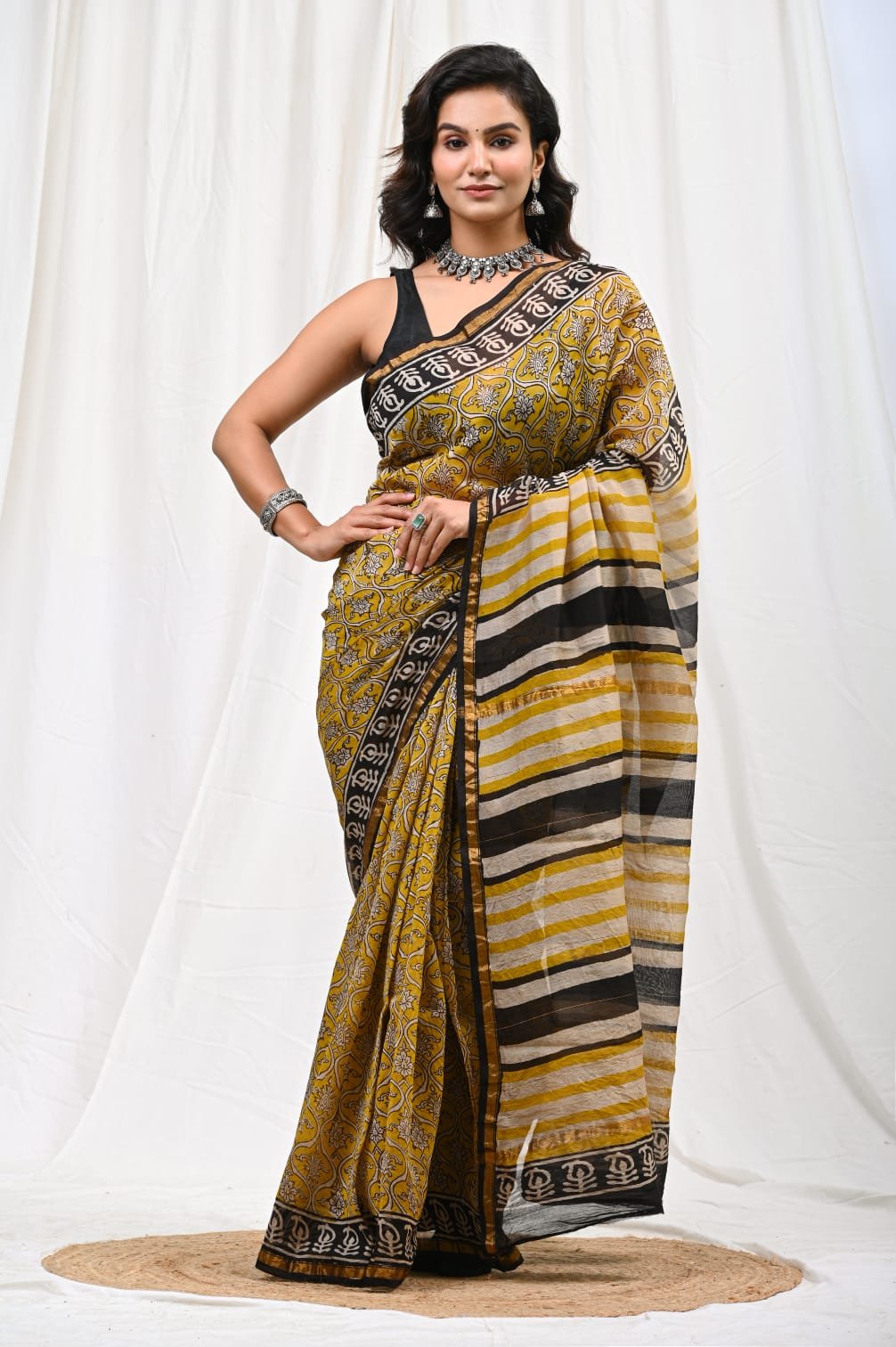 Mustard and black floral Bagru print Chanderi Silk saree