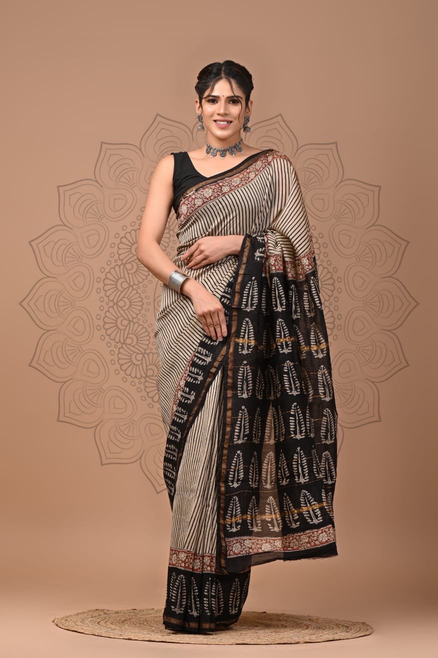 Black and cream saree with Bagru floral and buti motifs, sheer Chanderi silk