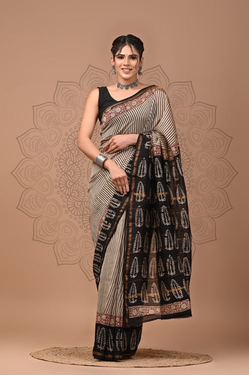 Black & Cream Striped Bagru Hand Block Print Chanderi Silk Saree With Blouse Piece