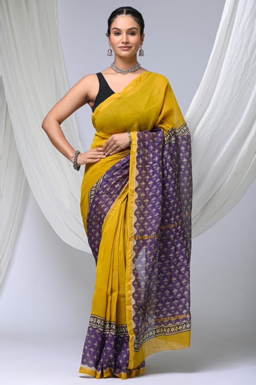 Yellow and purple Chanderi silk saree with floral Bagru block print