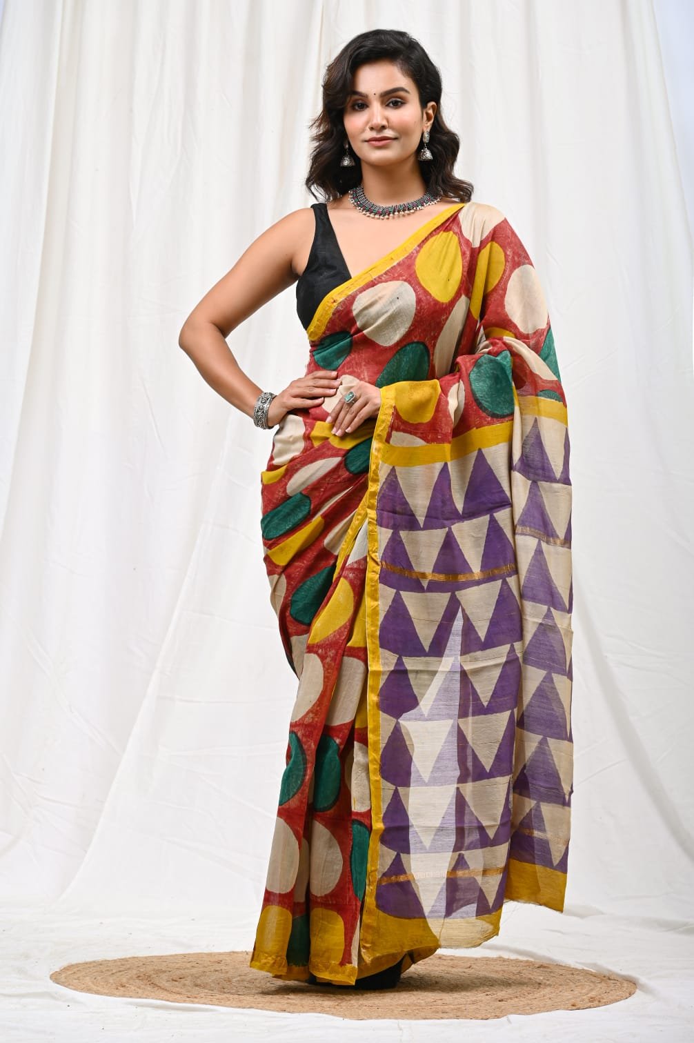 Multicolor Chanderi Silk saree with geometric and buti Bagru hand block print