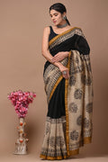 Black & Gold Floral Motifs Bagru Hand Block Print Chanderi Silk Saree With Blouse Piece